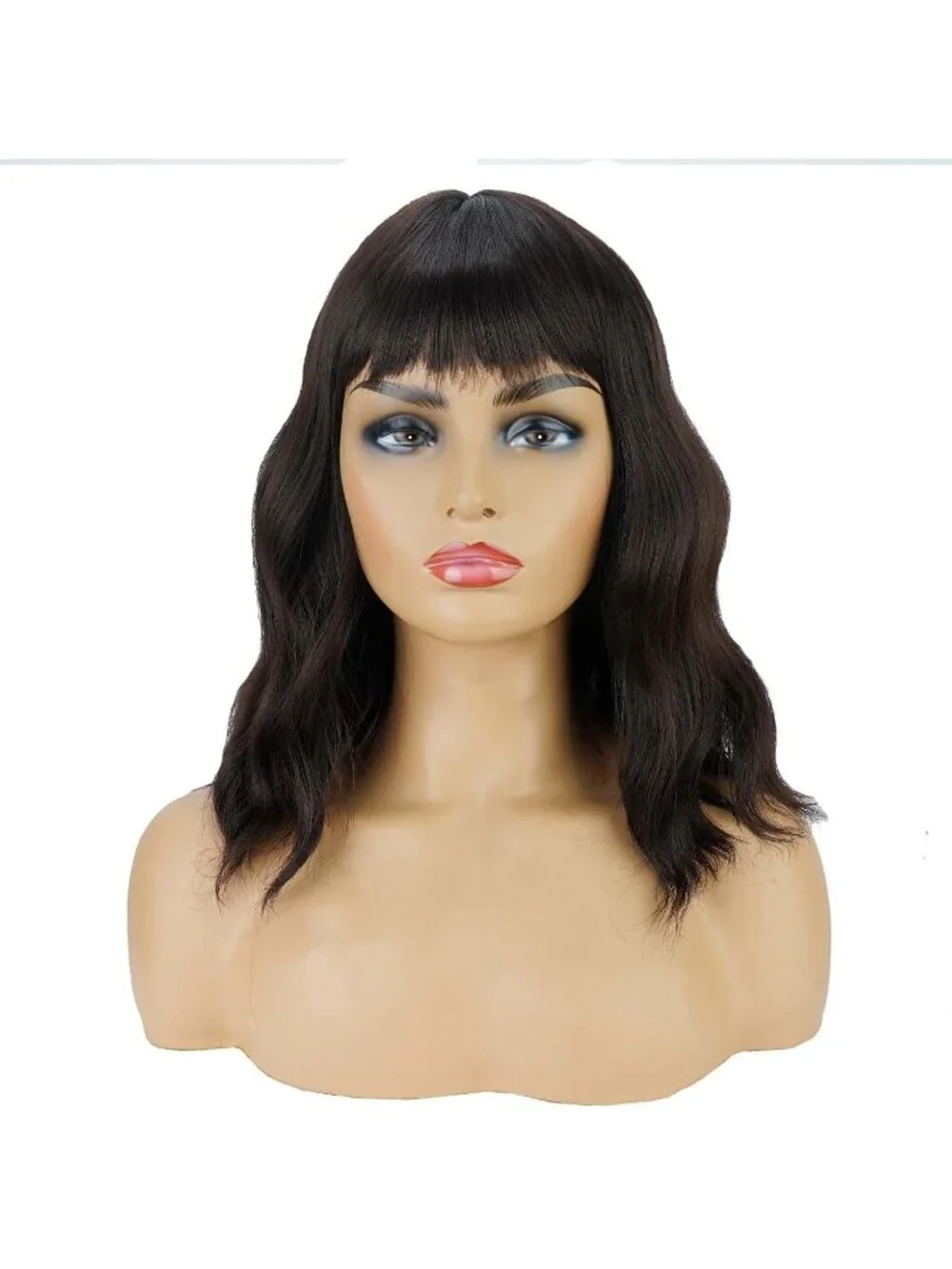 Women's Brown 14 Inch Heat Resistant Short Bangs Bob Modern Wavy Wigs